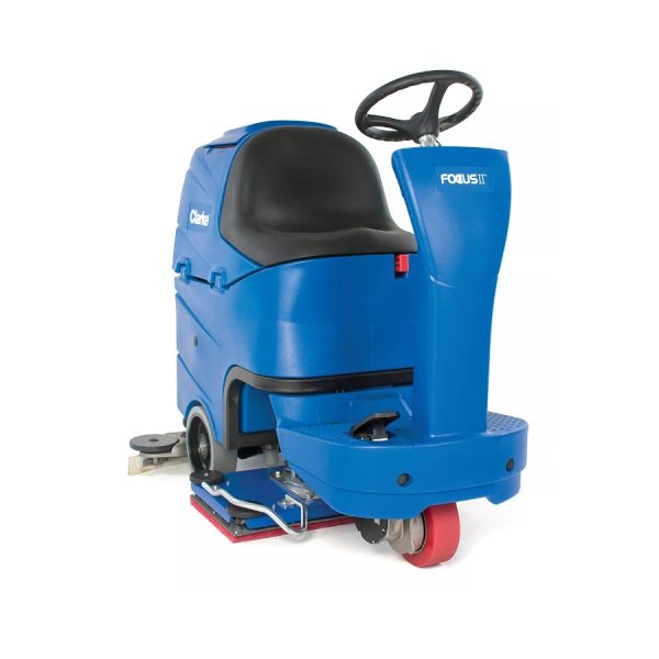 A Clarke focus II microrider floor scrubber in blue and black.