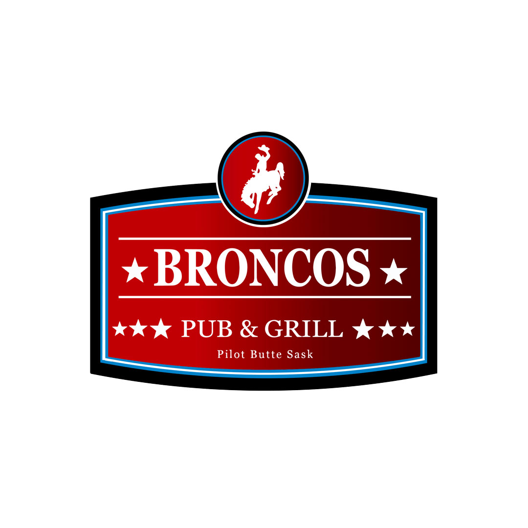 Broncos Pub and Grill logo in red with a cowboy riding a bronco in it.