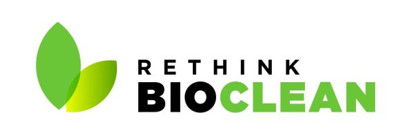 ReThink BioClean's logo with two green leaves and black and green lettering.