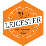 Leicester Restaurant's logo in a orange hexagon.